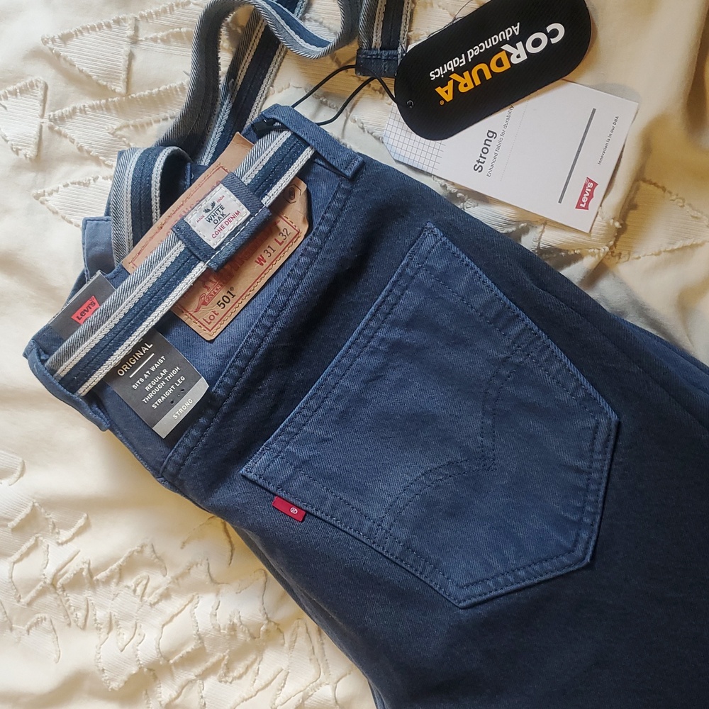 Levi's 501 Custom Taper Color Block Skate Jeans + White Oak Cone Selvedge Belt - Picture 5 of 16